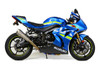 Brocks Performance Brocks Predator Full Exhaust Ti Front Titanium Muffler Suzuki GSXR1000 (17-20), motorcycle with blue fairings, racing decals, and titanium exhaust.
