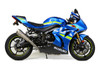 Brocks Performance Brocks Predator Full Exhaust Stainless Front Titanium Muffler Suzuki GSXR1000 (17-25), blue sport motorcycle with aftermarket exhaust system. Brocks Performance Brocks Predator Full Exhaust Stainless Front Titanium Muffler Suzuki GSXR1000 (17-25), blue sport motorcycle with aftermarket exhaust system.