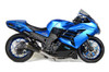 Brocks Performance Brocks Predator Full Exhaust Stainless Front Electro-Black Muffler Kawasaki ZX-14R (12-26), blue sport motorcycle with black accents and stainless exhaust system. Brocks Performance Brocks Predator Full Exhaust Stainless Front Electro-Black Muffler Kawasaki ZX-14R (12-26), blue sport motorcycle with black accents and stainless exhaust system.