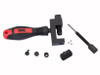 RK Excel RK Chain Breaker & Press Fit Rivet Tool, image showing a specialized bicycle chain tool with a red and black handle, a press fitting component, a small screwdriver, and various small parts and accessories.