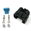 Ryan Schnitz Racing RSR Connector Kit, 2 Way Socket HX090-3, automotive electrical connector components with black socket, blue wire connector, metal clips, and gray rubber seals.