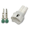 Ryan Schnitz Racing RSR Connector Kit, 2 Way Pin MT-2, with white plastic connector and two metal pins with green rubber gaskets.