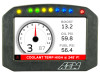 AEM CD-5 Carbon Flat Panel Digital Dash Display, showing boost, oil pressure, and fuel pressure readings with indicator lights and warning message.