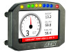 AEM CD-5 Carbon Flat Panel Digital Dash Display, digital dashboard gauge with colorful indicator lights and a warning message on the screen.