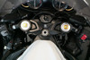 HTP Performance Handlebar Mounts Suzuki Hayabusa (22-26), close-up view of motorcycle handlebar mounts installed on a Suzuki Hayabusa.