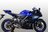 M4 Performance Exhausts M4 Titanium Canister Full System Yamaha R7 (21-25), motorcycle with blue and black fairings and titanium exhaust on a plain background.
