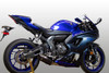 M4 Performance Exhausts M4 Carbon Fiber Canister Full System Yamaha R7 (21-25), motorcycle with blue and black full system exhaust.