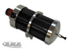 DME Air Oil Separator Tank – Carbon Fiber Catch Can, close-up of a sleek black carbon fiber tank with metallic accents and fittings for vehicle engine air oil separation.