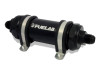 FueLab 8AN 40-Micron High Flow Long Fuel Filter with Check Valve, black cylindrical fuel filter with check valve and mounting brackets