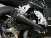 M4 Performance Exhausts M4 Dual Black Retro-Drag Slip Ons Suzuki Hayabusa (08-20), close-up of black dual exhaust slip-ons installed on a Suzuki Hayabusa motorcycle.