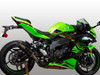 M4 Performance Exhausts M4 X-96 Carbon Fiber Slip On Exhaust Kawasaki ZX-4RR (23-25), a vibrant green Kawasaki ZX-4RR motorcycle with M4 X-96 carbon fiber slip-on exhaust installed for enhanced performance.