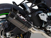 M4 Performance Exhausts M4 Titanium Half System/Tech 1 Carbon Fiber Kawasaki ZX-10R (21-25), close-up view of the high-performance exhaust system installed on a Kawasaki ZX-10R motorcycle.