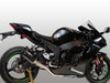 M4 Performance Exhausts M4 Titanium Half System/Tech 1 Carbon Fiber Kawasaki ZX-10R (21-25), image of a black Kawasaki ZX-10R motorcycle equipped with a titanium half exhaust system with carbon fiber details.