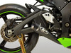 M4 Performance Exhausts M4 GP Black Exhaust Kawasaki ZX-10R (16-20) All Titanium, image of the motorcycle's rear section showing the black titanium exhaust with skull logo, rear wheel, and suspension components.