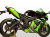 M4 Performance Exhausts M4 GP Black Exhaust Kawasaki ZX-10R (16-20) All Titanium, motorcycle with vibrant green, black, and white fairing, showcasing the high-performance exhaust system.