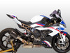 M4 Performance Exhausts M4 Tech1 Carbon Fiber Slip On Exhaust for BMW S1000RR 2020-2026, motorcycle with a sleek black, white, and blue design and a carbon fiber exhaust system.