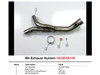 M4 Performance Exhausts M4 Catalytic Converter Eliminator Kit Yamaha YZF-R1 (09-14), stainless steel exhaust pipe with clamps, reducer, and flange nut on a white background.