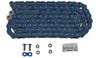 EK Chain 525 ZVX-3 X-Ring, blue and black motorcycle chain with links, master link, O-rings, and assembly parts.