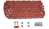 EK Chain 525 ZVX-3 X-Ring, motorcycle chain with red links and black rollers, with sprocket and oil from grease packet included.