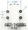 Schnitz Racing Schnitz Turbo Oil Scavenge Pump, close-up view showing measurements of 3.165 inches height, 1.52 inches width, and 0.2 inches pipe diameter, with metal and plastic components.