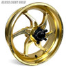 Coremoto Apex-6 Forged Aluminum Wheels Honda CBR1000RR (08-16) Non ABS, gold-colored motorcycle wheel with a sleek, aerodynamic design and black central hub.