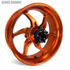 Coremoto Apex-6 Forged Aluminum Wheels Honda CBR1000RR (08-16) Non ABS, gloss orange motorcycle wheel with five-spoke design and black hub.