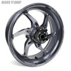 Coremoto Apex-6 Forged Aluminum Wheels Kawasaki ZX-10 (11-15), image of a high-performance motorcycle wheel in glossy titanium gray finish with five spokes and detailed machining