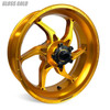 Coremoto Apex-6 Forged Aluminum Wheels Suzuki Hayabusa (99-07), detailed image of a glossy gold forged aluminum wheel designed for Suzuki Hayabusa motorcycles from 1999 to 2007.