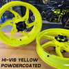 Coremoto Apex-6 Forged Aluminum Wheels Suzuki Hayabusa (08-12), high-visibility yellow powdercoated motorcycle wheels displayed on a wooden surface, with a motorcycle in the background.