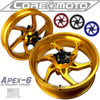 Coremoto Apex-6 Forged Aluminum Wheels Suzuki Hayabusa (13-21), set of two gold-colored forged alloy motorcycle wheels with four-spoke design and black hubs, accompanied by smaller red, black, and blue wheel inserts for customization.