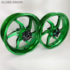 Coremoto Apex-6 Forged Aluminum Wheels Yamaha YZF-R1 (15-25), image of vibrant green, custom-finished forged aluminum motorcycle wheels with a sleek design and black central hub.