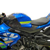 Montgomery Motorsports Carbon Fiber Side Trim Panels Suzuki GSXR1000 (17-25), close-up view of the carbon fiber side trim panels installed on a blue Suzuki GSXR1000 motorcycle.