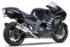 Yoshimura R-77 Slip On Exhaust Kawasaki ZX14R (12-25), a sleek black motorcycle with a high-performance exhaust system.