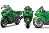 Zero Gravity Double Bubble Windscreen Kawasaki ZX-14R (06-25), front and side views of the green motorcycle with the windscreen installed.