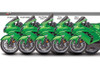 Zero Gravity Double Bubble Windscreen Kawasaki ZX-14R (06-25), side view of a green Kawasaki ZX-14R motorcycle with different windscreen options displayed above it.