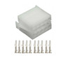 Schnitz Racing MPS Connector kit for MPS ASM Wiring Harness, image showing a white connector block with multiple connection ports and eight metal terminal crimps for electrical wiring.