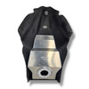 Montgomery Motorsports Carbon Fiber Low Profile Fuel Tank Suzuki Hayabusa (22-25), image showing a sleek, black carbon fiber fuel tank with a low-profile design and a metallic fuel outlet fitting.