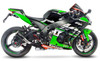 LeoVince LV-10 Slip On Exhaust System Kawasaki ZX-10R (16-25), motorcycle with a green, black, and white color scheme, featuring a sleek aerodynamic design and a prominent LeoVince exhaust pipe.