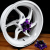 Coremoto Apex-6 Forged Aluminum Wheels Yamaha YZF-R6 (17-24), white and purple motorcycle wheel with hub spacer attached.