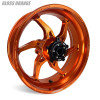 Coremoto Apex-6 Forged Aluminum Wheels Yamaha MT10/FZ10 (15-24), glossy orange motorcycle wheel with intricate design.