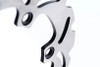 Schnitz Racing  Rear Brake Rotor Suzuki Hayabusa (08-20), close-up view of a metallic motorcycle brake rotor with black mounting holes and intricate design.