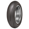 Dunlop Motorcycle Racing Tires Dunlop Sportmax Q5 Rear Tire, high-performance racing rear tire for motorcycles with a sleek black tread and metallic silver sidewall.