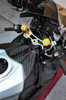 G Force G-Force Top Triple Clamp Kit Suzuki GSXR1000 (17-25), close-up view of the golden anodized triple clamp mounted on the motorcycle handlebar assembly.