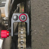 Gearhead Zone Gearhead Racing Chain and Sprocket Alignment Tool, close-up view of alignment tool attaching to a motorcycle chain and sprocket for precise alignment.