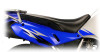 Sargent Low Height World Sport Performance Seat Kawasaki KLR650, close-up view of the black and blue motorcycle seat mounted on the Kawasaki KLR650 bike.
