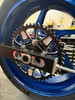 Vortex Motorcycle Parts Vortex V4 Lightweight 520 Rear Sprocket with BST / Core Moto / OZ, close-up of black sprocket on blue motorcycle wheel.