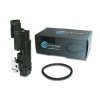 Quantum OEM Replacement Motorcycle Fuel Pumps Quantum OEM Replacement Fuel Filter Kit Suzuki Hayabusa (01-07), black fuel pump, filter kit, and rubber gasket on a white background.