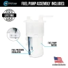 Quantum OEM Replacement Motorcycle Fuel Pump, white fuel pump assembly with labeled components including fuel pressure regulator and fuel pump motor for Yamaha R1 (2009-2014), US owned and operated.