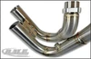 DME Racing Motorcycle Parts DME Zoomie Exhaust System, close-up of polished metal exhaust pipes with welded joints.
