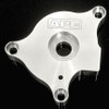 APE Oil Pump Cover Kawasaki ZX14R (06-26), silver metal oil pump cover with three mounting holes and embossed APE logo.
